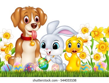 Cartoon funny animals and Easter eggs on green grass