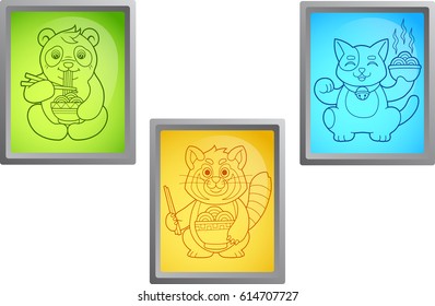 Cartoon funny animals eating noodles