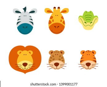 Cartoon сute and funny animals' faces set. Zebra, giraffe, crocodile, lion, leopard and tiger. Flat vector illustration.