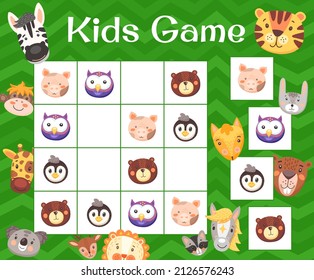 Cartoon funny animals, kids sudoku game or tabletop puzzle, vector. Sudoku board game or child logic riddle with funny zoo animals and pets, zebra and lion, owls and bear, horse and raccoon