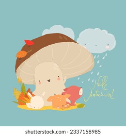 Cartoon Funny Animals lying under the Big Mushroom. Hello Autumn