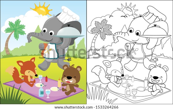 公園でピクニックに行く面白い動物の漫画 塗り絵本 ページ のベクター画像素材 ロイヤリティフリー
