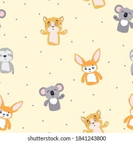 Cartoon funny animals seamless pattern. Little gray koala waving its paw yellow joyful tiger amazed sloth cub cute orange hare happy playful animals with hand drawn enthusiastic vector faces.