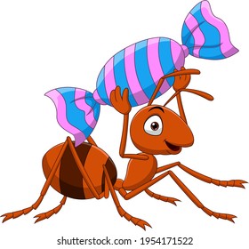 Cartoon funny ant carrying a candy