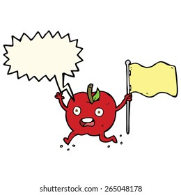 desenho animado maçã engraçada com bandeira com balão