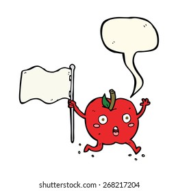 caricatura manzana graciosa con bandera con burbuja de habla