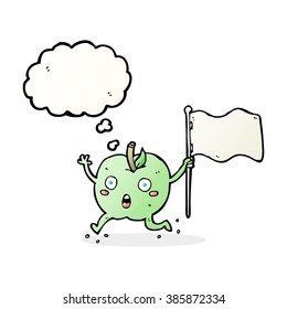 cartoon funny apple with flag with thought bubble