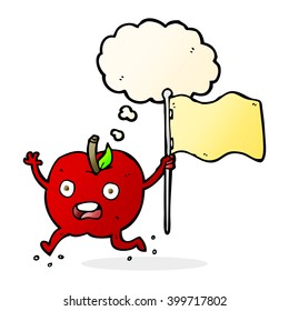 caricatura manzana graciosa con bandera con burbuja de pensamiento