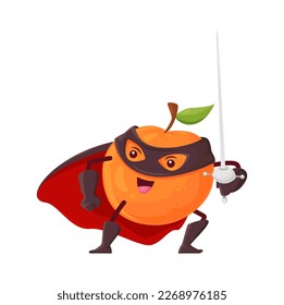 Cartoon funny apricot or peach fruit superhero defender character in cape with rapier. Vector super hero comics book personage in cloak and mask. Healthy fairytale vitamin food, brave vigilante plant