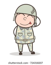 Cartoon Funny Army Man Stuck-Out Tongue and Blushing Face Vector Illustration