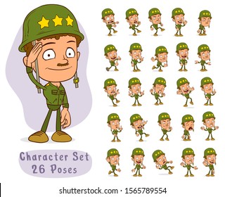 Cartoon funny army soldier boy character with helmet and green uniform in different positions. Layered vector for animations. Isolated on white background. Big icon set.