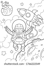 Cartoon Funny Astronaut Flies In Space, Coloring Book, Cute Illustration