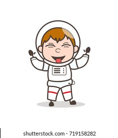 Cartoon Funny Astronaut Laughing and Teasing Tongue Vector Illustration