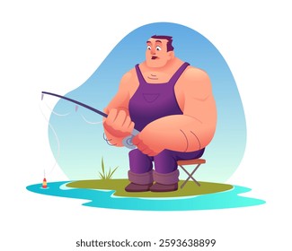 Cartoon funny attentive fisherman character sitting and catching fish