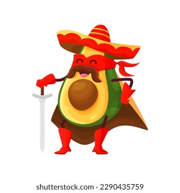 Cartoon funny avocado superhero character, isolated vector mexican traditional vegetable or fruit super hero. Funny kids menu tex mex food personage in cape, mask and sombrero hat with sword in hand