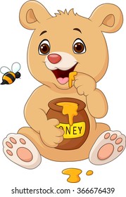 Cartoon funny baby bear holding honey pot isolated on white background