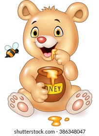 Cartoon funny baby bear holding honey pot isolated on white background