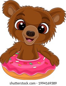 Cartoon funny baby bear inside donut