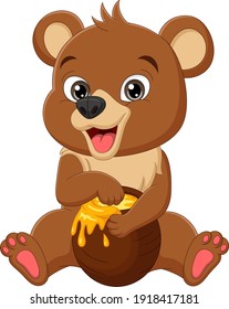 Cartoon funny baby bear sitting and eating sweet honey from the pot