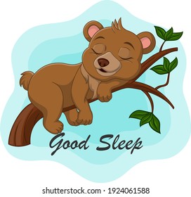 Cartoon funny baby bear sleeping on tree branch