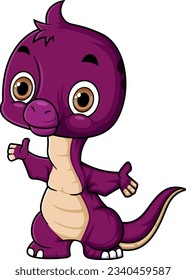 Cartoon funny baby brontosaurus dinosaur with welcome pose of illustration