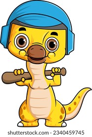 Cartoon funny baby brontosaurus dinosaur playing baseball of illustration