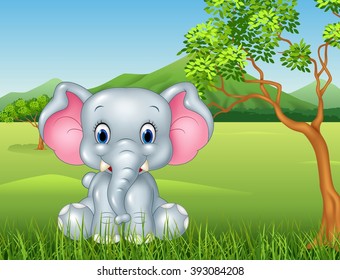 Cartoon funny baby elephant sitting in the jungle