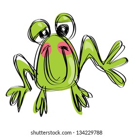 Cartoon funny  baby frog in a naif childish drawing style posing and smiling