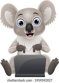 Cartoon funny baby koala with laptop