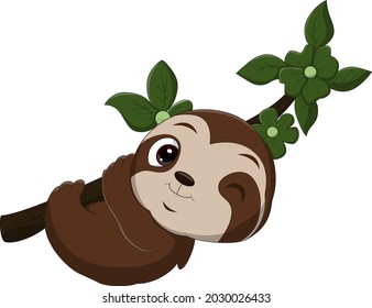 Cartoon funny baby sloth hanging on tree
