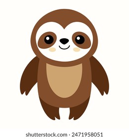 Cartoon funny baby sloth standing flat vector isolated on white background