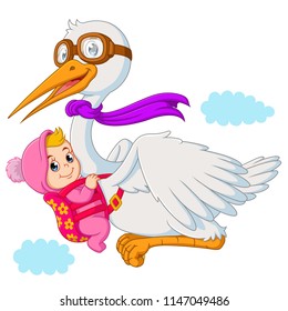 Cartoon Funny baby with stork