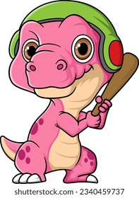 Cartoon funny baby tyrannosaurus dinosaur playing baseball of illustration