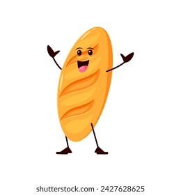 Cartoon funny baguette bread or bakery character. Isolated vector happy, golden-brown pastry loaf personage with a friendly smile and charm, depicted with a crunchy crust and cheerful face expression