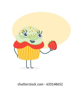 Cartoon Funny Bakery Characters Comic Cupcake with Strawberries Dessert for Cafe Restaurant or Shop Element Flat Design Style. Vector illustration