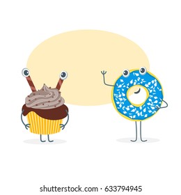 Cartoon Funny Bakery Characters Comic Cupcake and Donut Dessert for Cafe Restaurant or Shop Element Flat Design Style. Vector illustration