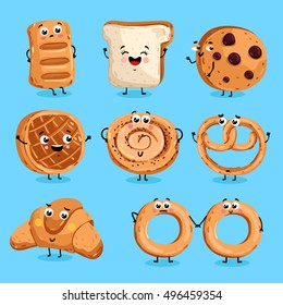 Cartoon funny bakery characters isolated vector illustration. Funny food face icon. Bakery emoji. Funny cookies, laughing bread. Cartoon emoticon face of food. Gloomy croissant, pretzel. Funny food.