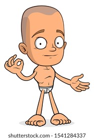 Cartoon funny bald boy character showing okay gesture. Layered vector for animations. Isolated on white background. Vector icon.
