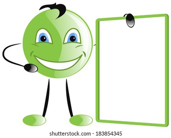 Cartoon funny ball holding empty frame, vector illustration