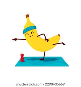 Cartoon funny banana character on yoga or pilates fitness sport. Vector cute tropical yogi fruit seeking harmony of body and mind standing in asana on mat. Comic personage at health care yoga practice