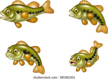 Cartoon Funny Bass Fish Collection Isolated On White Background