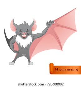 Cartoon funny Bat character with banner - Halloween. Character for illustration. Cartoon style.