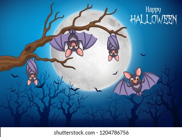 Cartoon funny bats hanging on tree with halloween background