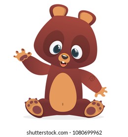 Cartoon funny bear character with big eyes  sitting waving hand. Vector illustration
