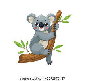 Cartoon funny bear character clinging to an eucalyptus tree branch with green leaves. Isolated vector Australian animal has big eyes, soft gray fur coat, and a gentle smile, is in its natural habitat