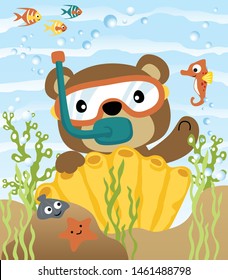 Cartoon of funny bear diving undersea with marine animals illustration