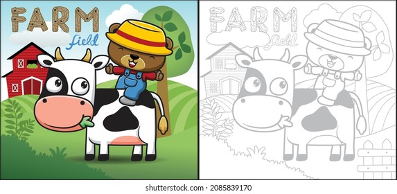 Cartoon of funny bear in farmer costume riding cow on farm field background. Coloring book or page