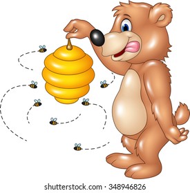 Cartoon funny bear holding Bee hive