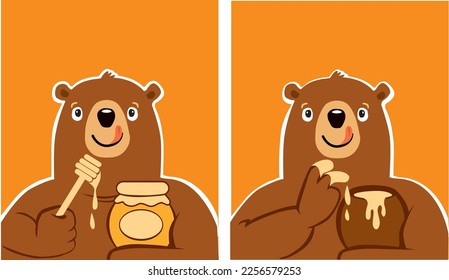 cartoon funny bear holding honey sticks with honey and jar of honey