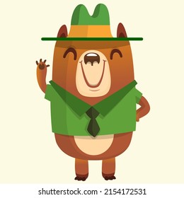 Cartoon funny bear scout ranger wearing green hat. Vector illustration